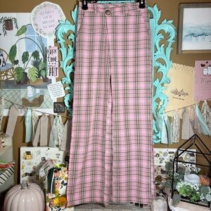 Pink Plaid Tartan Wide Leg Side Slit Trouser Pants Women’s Sz.XS Coquette Preppy